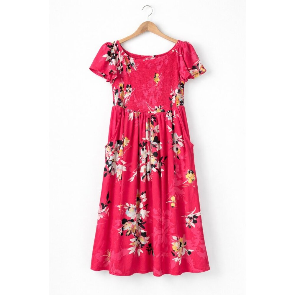 Floral Smocked Midi Dress Pockets Rayon Spandex Size 1 summer vacation - Picture 2 of 14